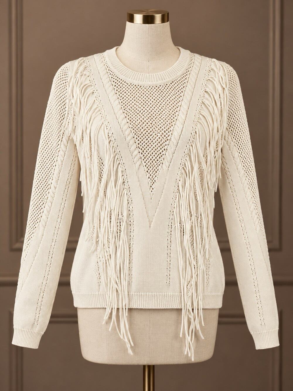 RONNY KOBO fringe knit sweater — small — cream / neutral western boho